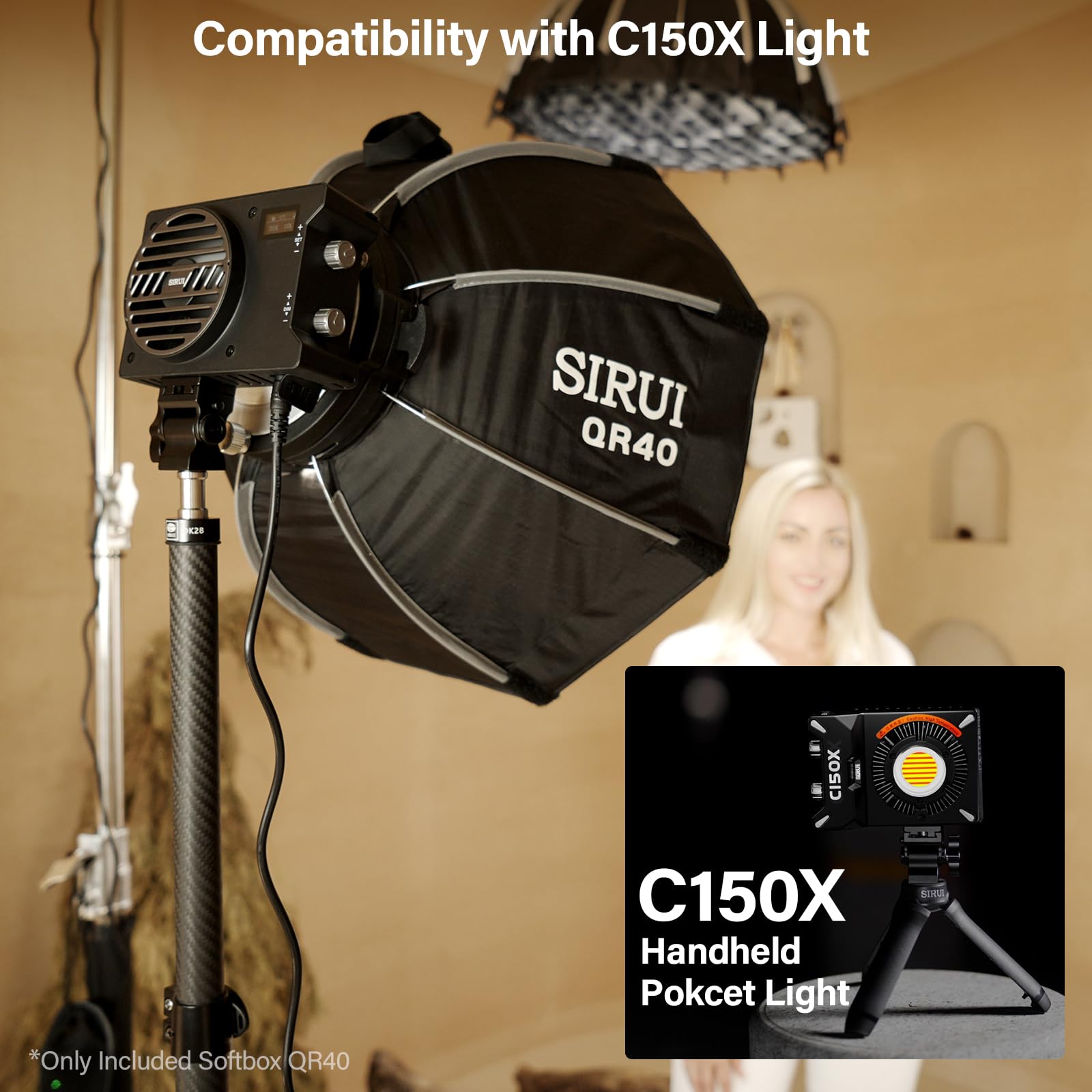 SIRUI 40cm Mini Softbox mit Schneller Aufbau, Faltbar, Mit Diffusor und Gitter, Schnellverschluss für Video Dauerlicht, Kompatibel mit C150X-Serie und QR40