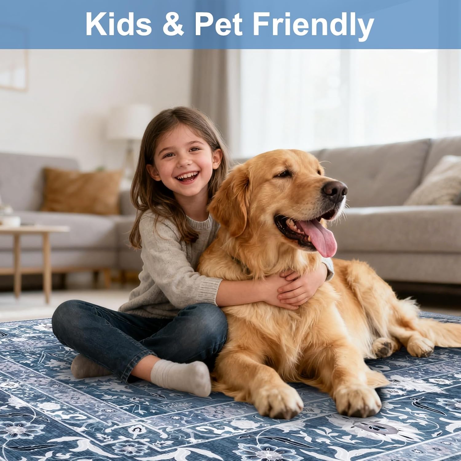 Petmolico Washable Area Rugs-8x10FT Faux-Cashmere Washable Carpets for Bedrooms,Vintage Foldable Kitchen Area Rug Thin Accent Rug(Dark Blue)