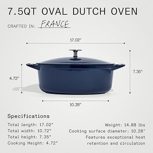 Miniatura 5 de Made In Utensilios de cocina - Horno holandés ovalado de 7.5 cuartos de galón - Azul - Hierro fundido esmaltado - Retención excepcional del calor y