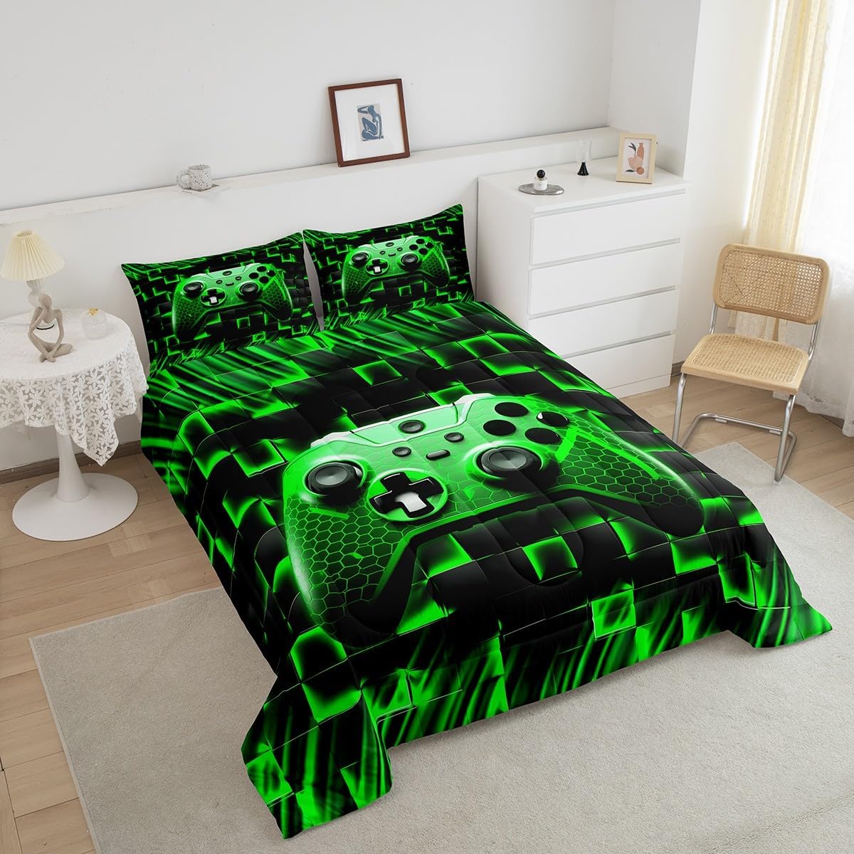 Gaming Gamepad Kids Comforter Set Queen Size,Green Honeycomb Neon Square Geometric Bedding Set,Boys Men Room Decor,Videogame Controller Down Comforter,Reversible Fashion Duvet Insert,2 Pillowcases