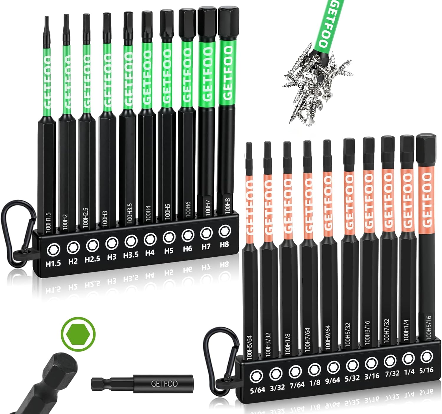 20 Piece 4" Long Hex Bits (Metric & SAE) with 1/4" Hex Shank Allen Wrench Drill Bit Set for Impact Drivers - S2 Steel and Magnetism, Heavy-Duty CNC Machined Tips, Extension Socket and Storage Box