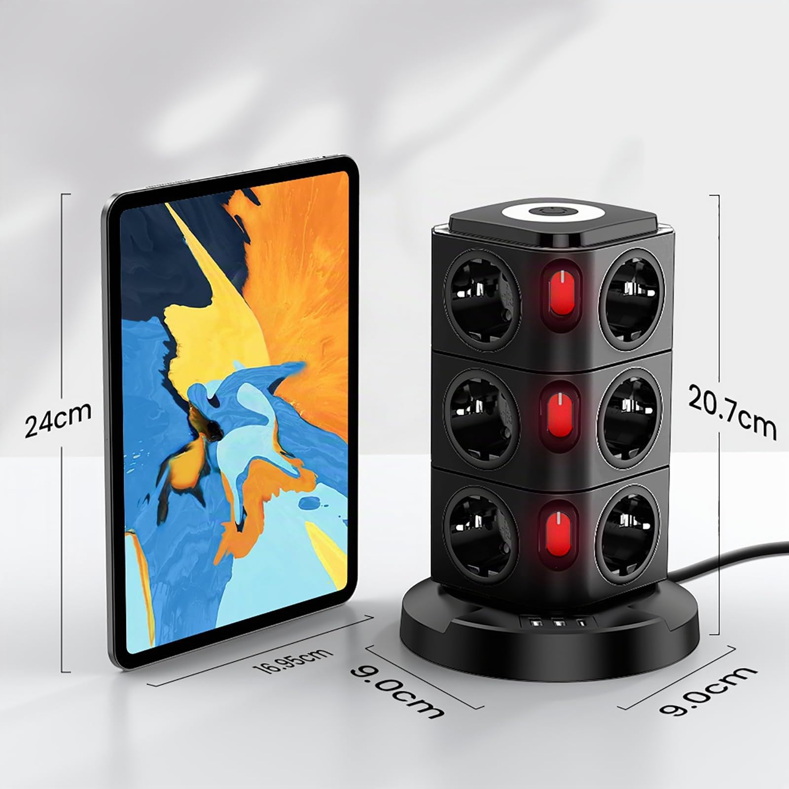 Ciabatta Elettrica Multipresa con 12 Prese, Torretta Multipresa Verticale da Scrivania, 2 USB A, 1 USB C Protezione Sovratensione con 4 Interruttori Indipendenti, Presa Multipla Cavo di Prolunga da 5M