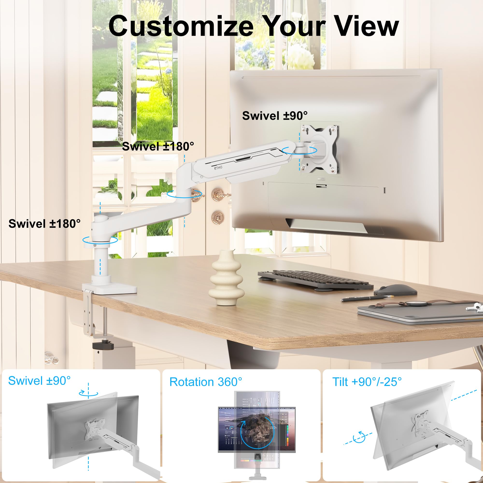 ETHU Braccio singolo per monitor, resistente supporto per monitor con molla a gas con regolazione in altezza e inclinazione, supporto da scrivania VESA con doppia opzione di installazione per schermi