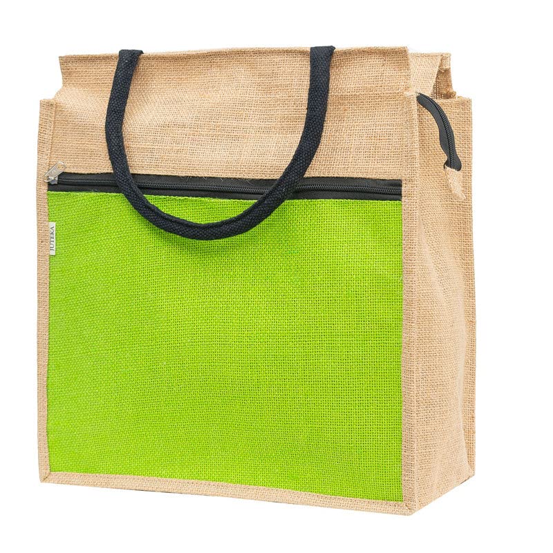 juteka Front Zip Pocket Jute Bag for Lunch, Office, Grocery, Picnic, Tiffin, Shopping Hand Bag with padded cotton handles…-picture-44