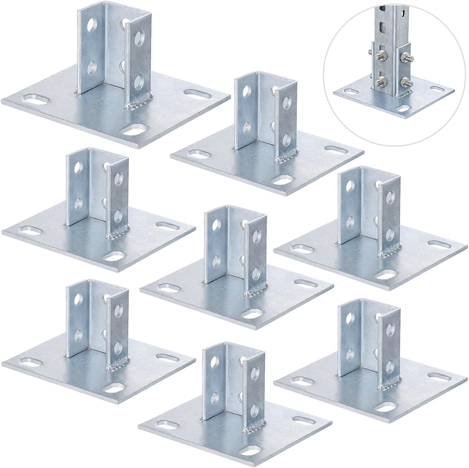 8 PCS Strut Post Bases for 1-5/8 in Square Single Channel, U-Shape Floor Mount Post Base with 4 Slotted Holes, 5.7 x 5.7 in Flat Plate, Galvanized Carbon Steel Post Brackets