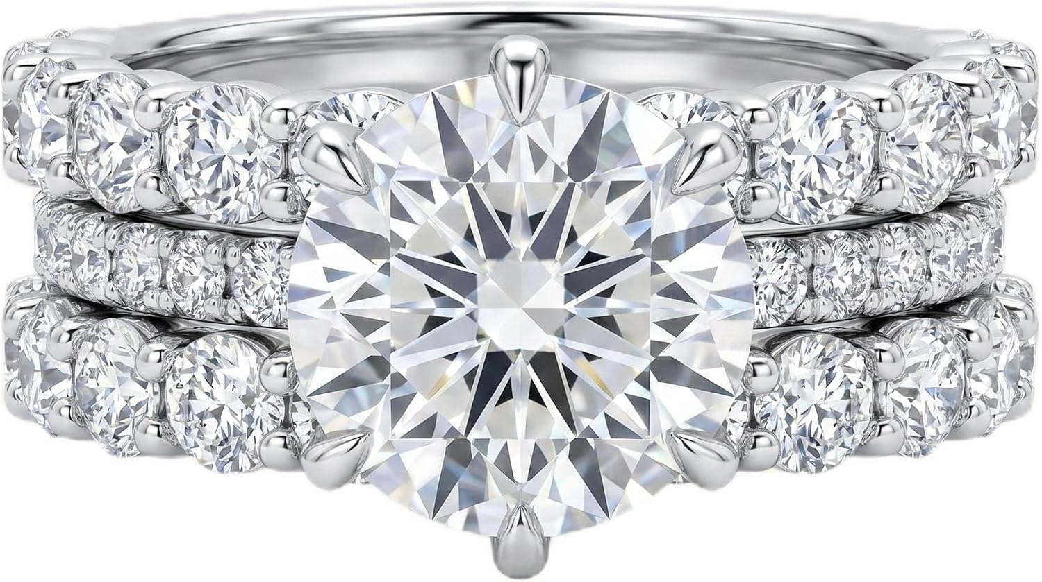 Women's Round Brilliant Cut Cubic Zirconia Engagement Ring Set, Three in One Stacking Eternity Ring, 14K White Gold Plated Silver, Size 6/7/8/9 (9)