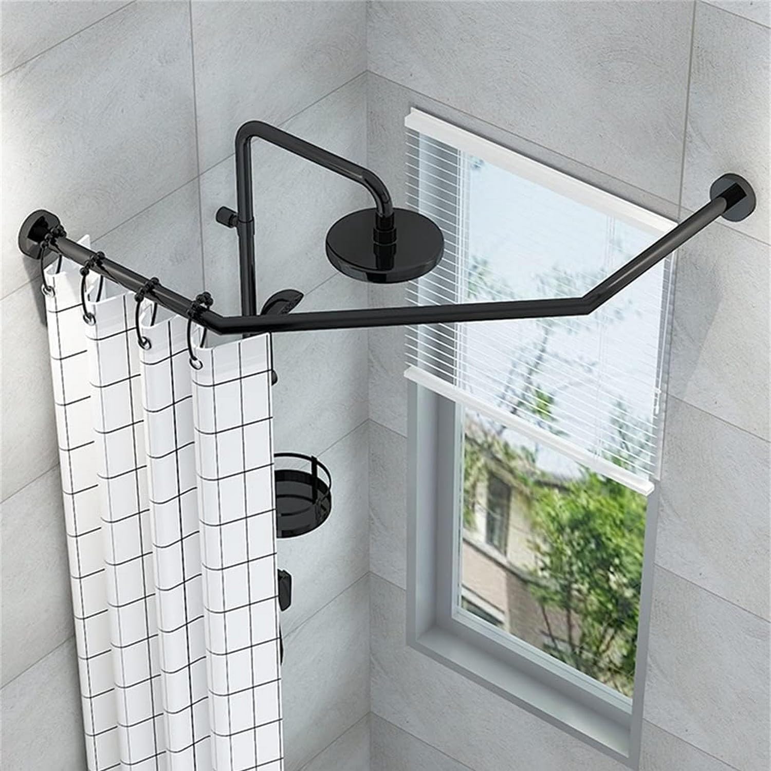 Shower Curtain Rod, L-shaped Shower Curtain Rod，Shower Rod Adjustable Diamond Shaped Shower Curtain Rod Pole, Wall Mounted Corner Shower Curtain Rod, Stainless Steel, For Bathroom Clothing Store Black