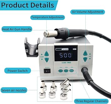 1000W 861DW Hot Air Rework Station, 110V Hot Air Soldering Station with Auto Sleep Function, Equipped with Large LCD Display & 7 Air Nozzles, Suitable for Micro Soldering Rework