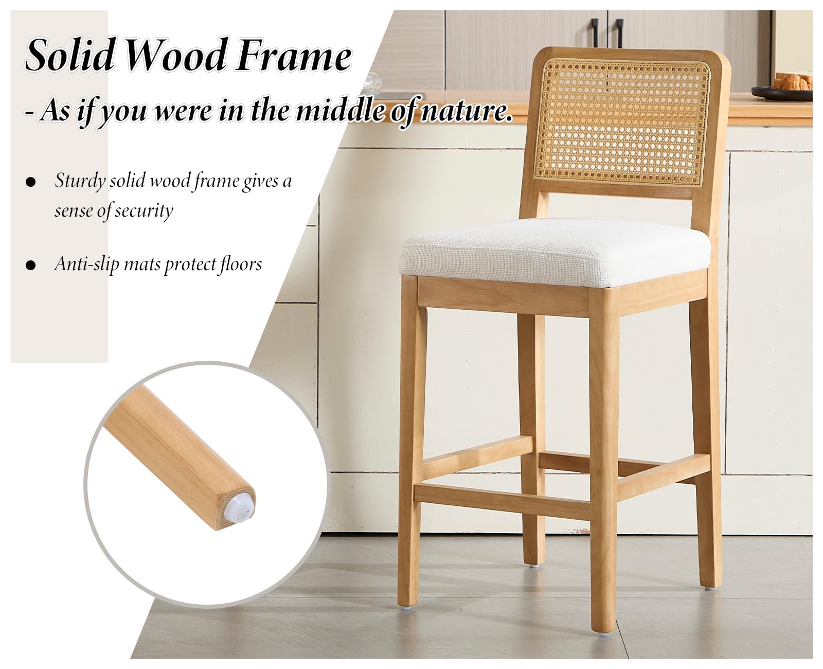 chairus 2PCS Sillas Altas Madera para Isla de Cocina, Blanco | Asiento Acolchado, Con Respaldo Ratán, Para Cocina/Barra