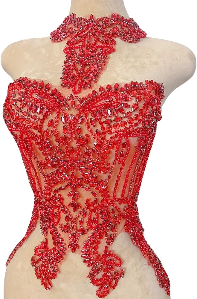 Luxury Wedding Dress Appliques - Lace with Rhinestones & Crystal Grab Diamonds, Sparkling Embellishments for Bridal Gowns & Bodycon Dresses, Handmade Heavy Embroidery Decorations (Red)