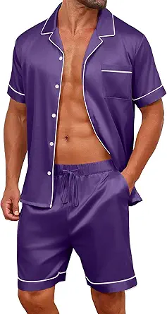 Vssjavun Mens Satin Silk Pajamas Sets Short Sleeve Button-Down Sleepwear Two Piece Loungewear with Pockets