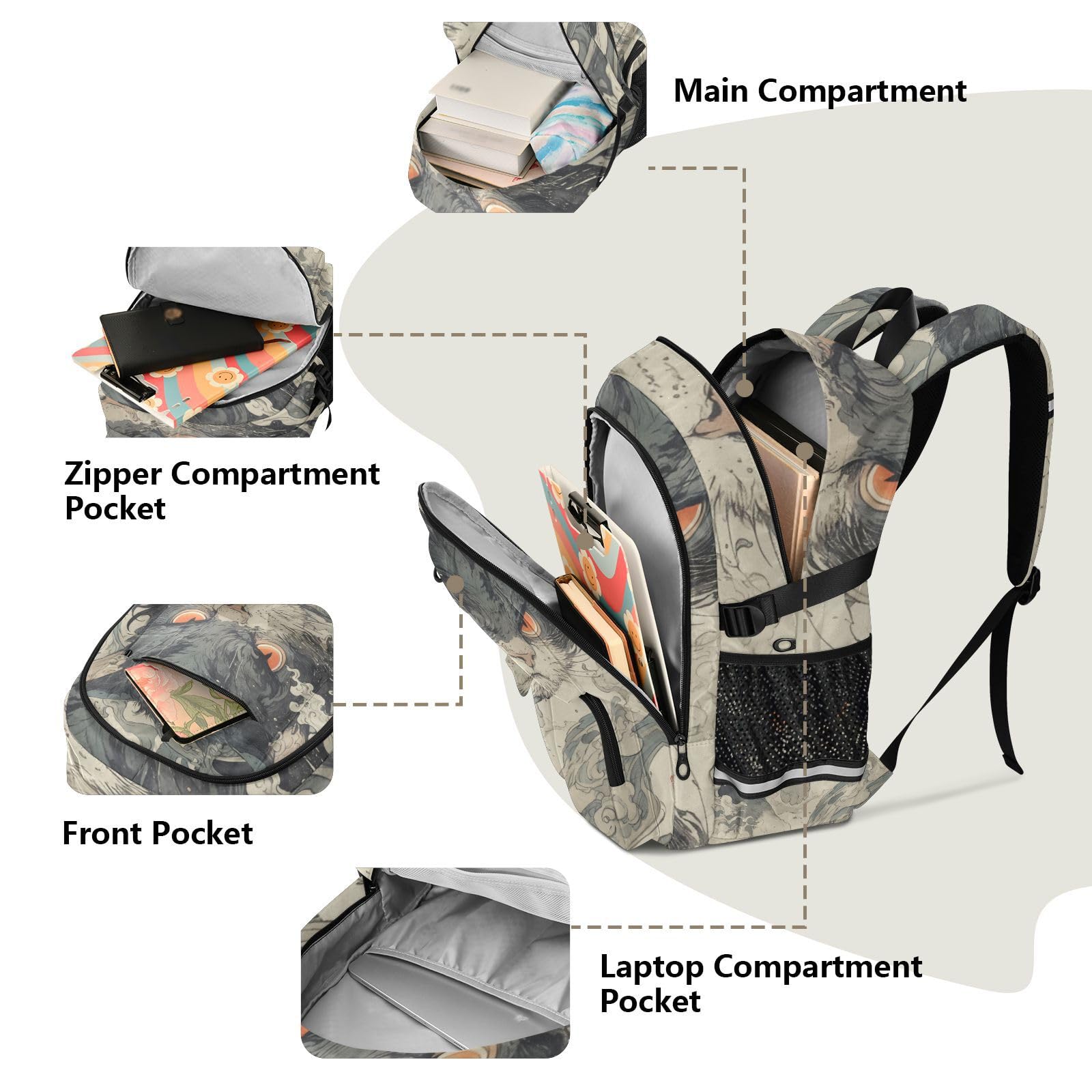 Sac à dos de voyage pour ordinateur portable de 17 à 5 pouces - Motif chat - Gris - Pour adolescents et garçons