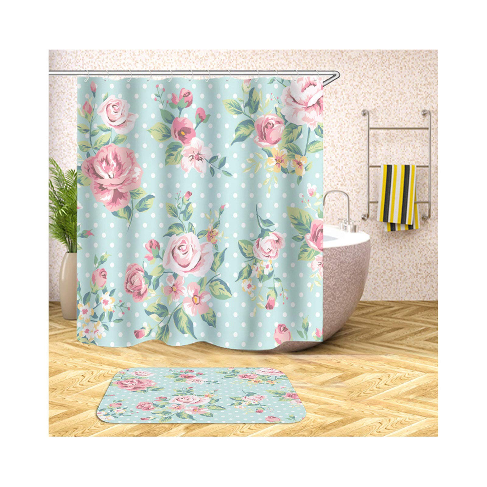 KnSam Cortina de ducha y alfombrilla antimoho de poliéster con diseño de flores de lunares coloridos, alfombrilla de 40 x 60 cm + cortina de ducha de 165 x 180 cm
