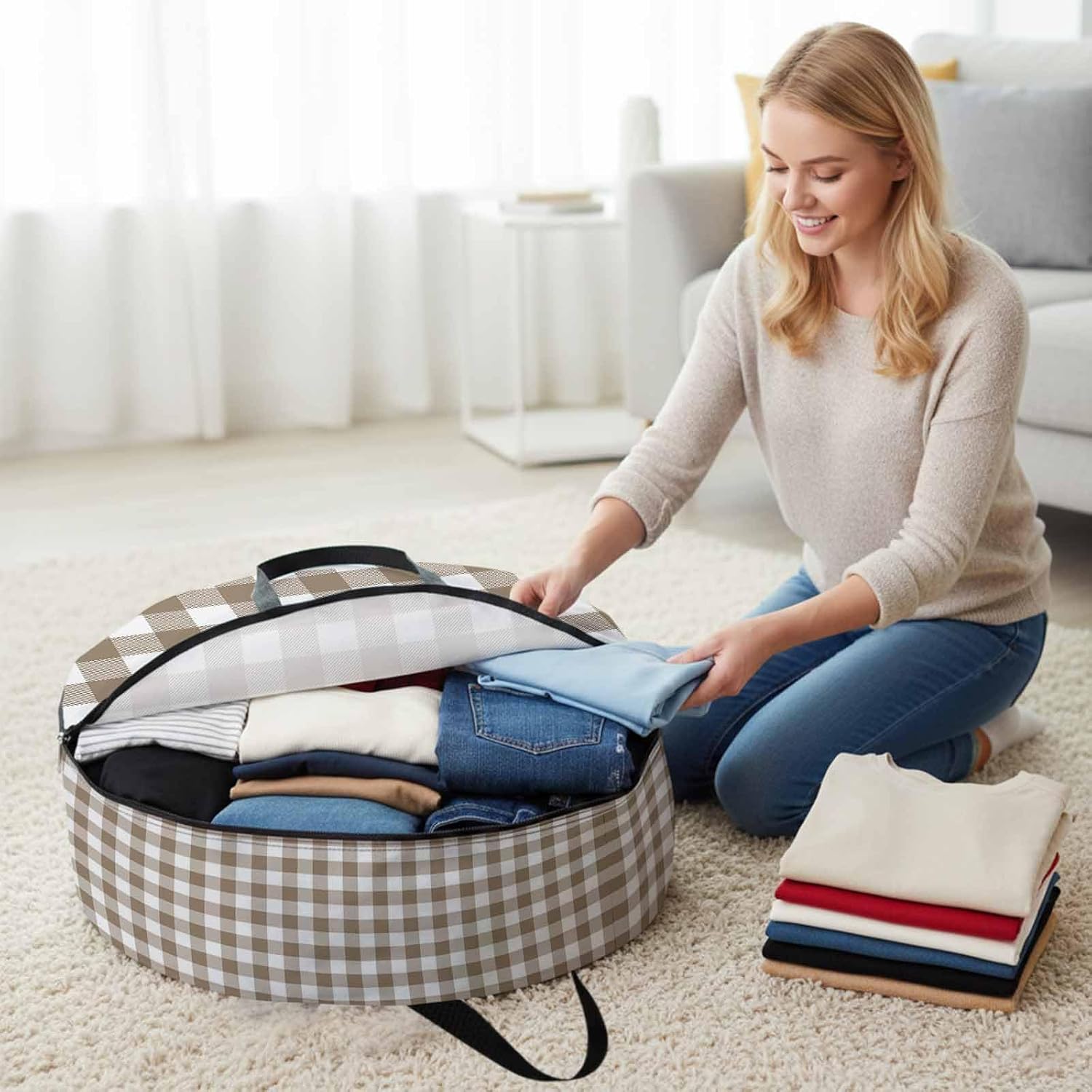 Pastoral Style Round Storage Bag 36 Inch, Light Brown Lattice Clothes Storage Container with Handles Heavy Duty Organizer for Comforter, Bedding & Holiday Wreaths