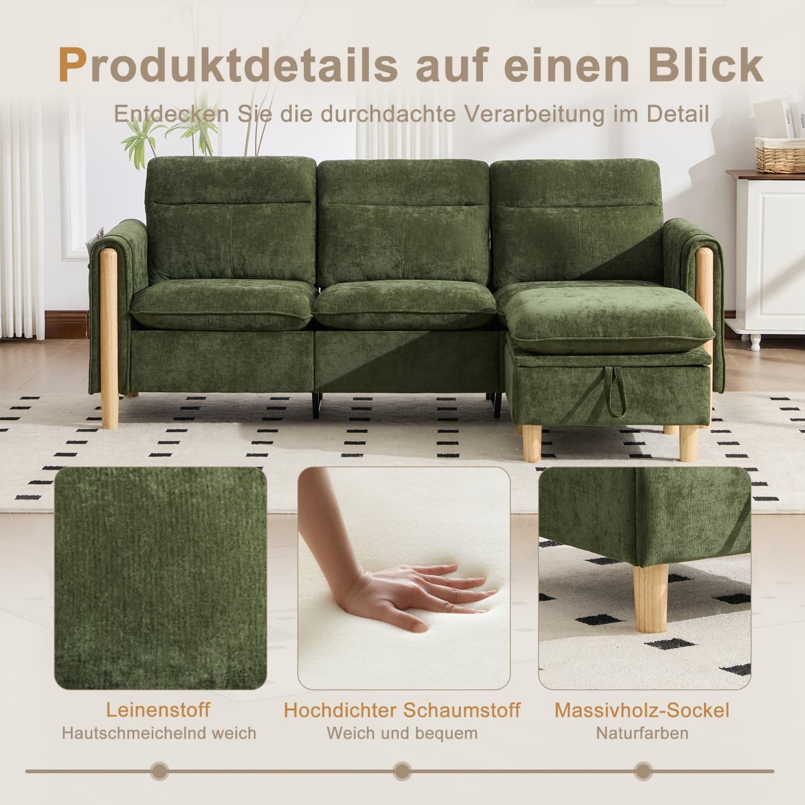 EURHCIO Canapé d'angle en L,canapé 3 Places avec 1 Pouf Rangement (Vert-3)