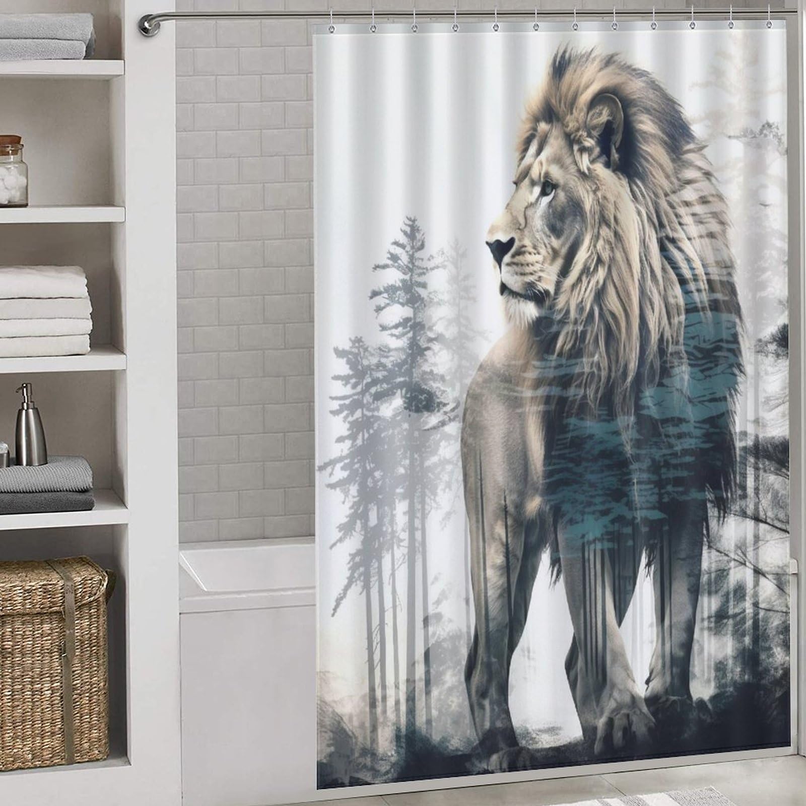 Rideau de douche lion en textile pour créer une ambiance moderne dans votre salle de bain