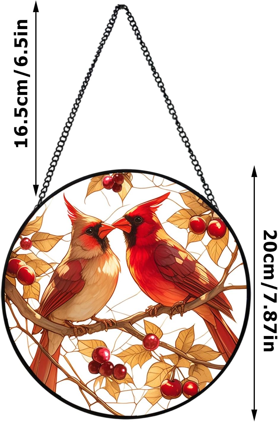 Stained Glass Style Cardinal Suncatcher, 7.87 Inch (20cm) Round Real Glass Window Hanging with Gift Box and Chain, Bird Decor Gift - Image 2