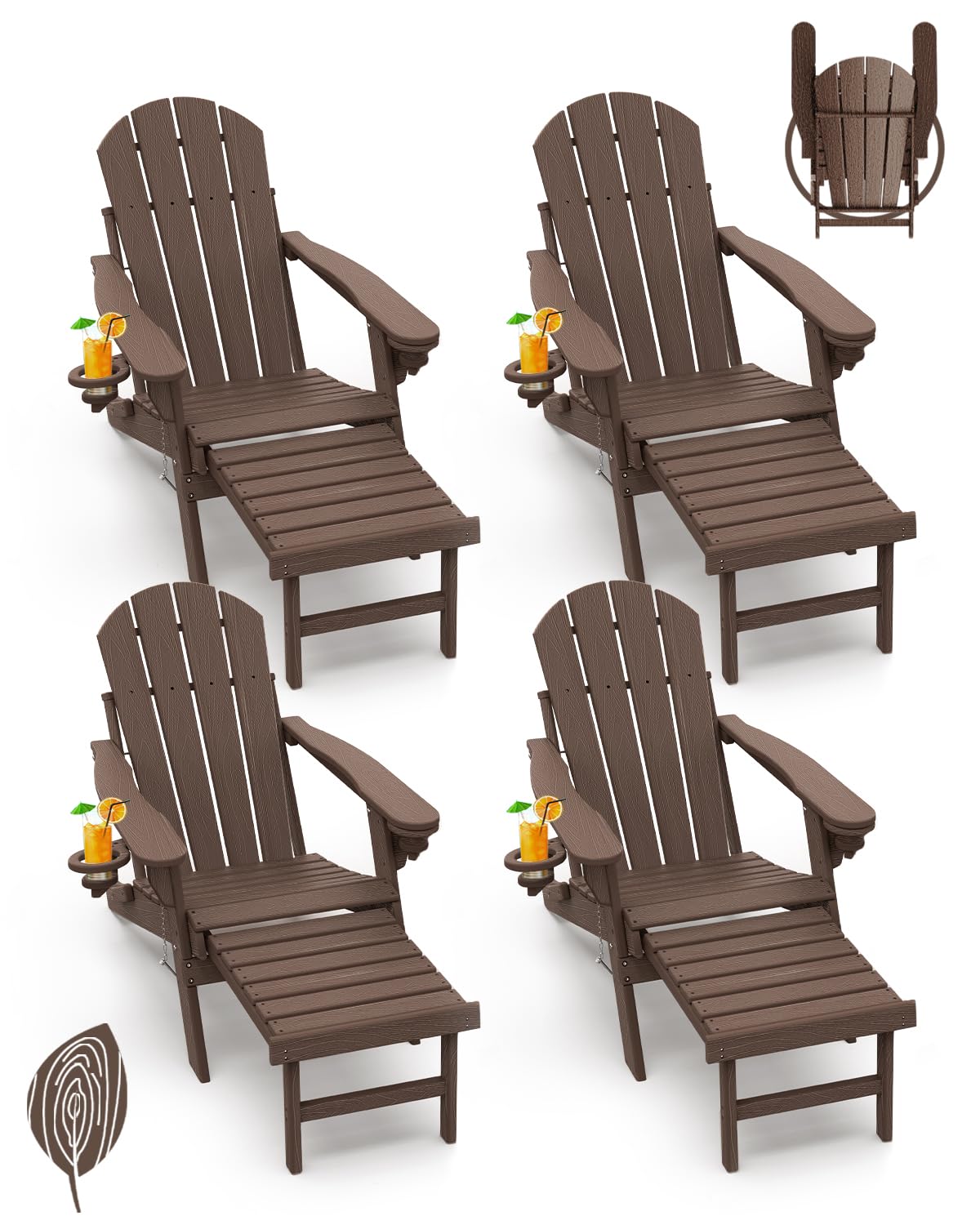 GREENVINES Adirondack-Chairs-with-Ottoman | Set of 4 | Wood Grain | Dark Brown | Folding | Retractable-Footrest | HDPE Plastic | All Weather Fire Pit Chair | Cup Holders | for Outdoor Poolside