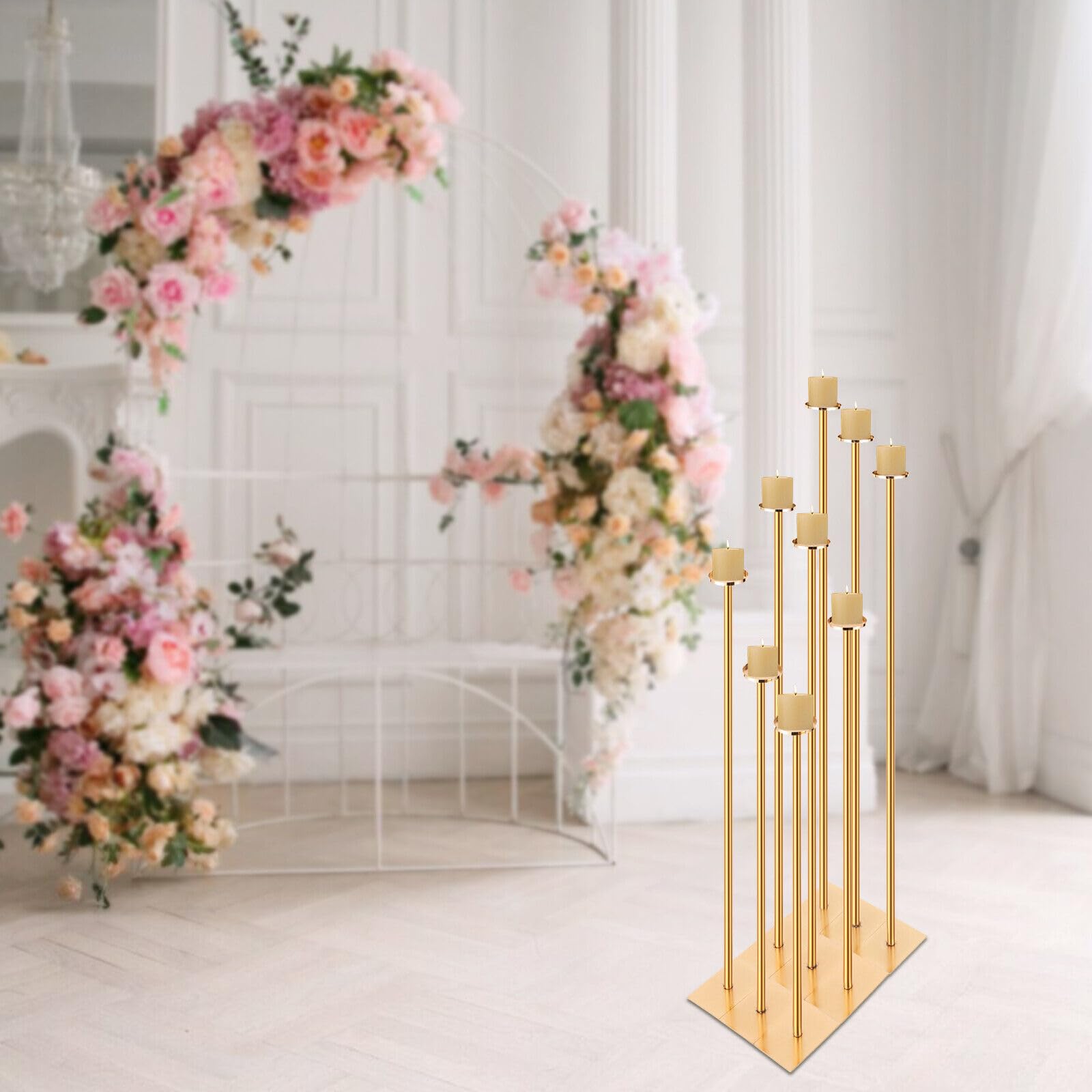 9Pcs Metal Gold Candelabra of Different Heights, Table or Floor Candelabra Centerpiece Decorations Candle Holders for Candlesticks Floral, Wedding Party Dinner Halloween Christmas