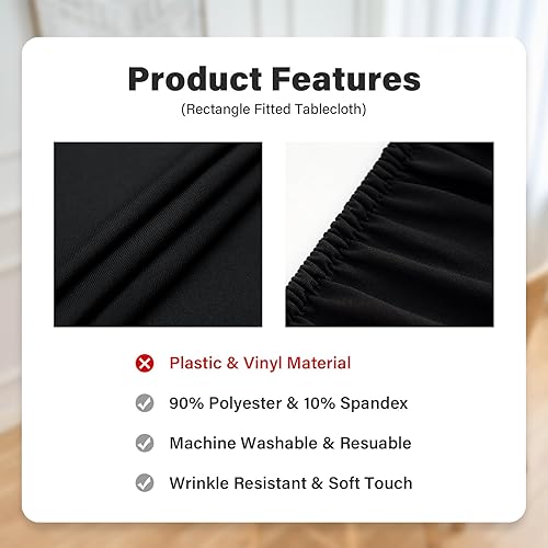 Miniatura 4 de NEWISHER Mantel rectangular negro de 72 x 30 pulgadas, borde elástico, poliéster de elastano elástico, se adapta a mesas de 6 pies, ideal para
