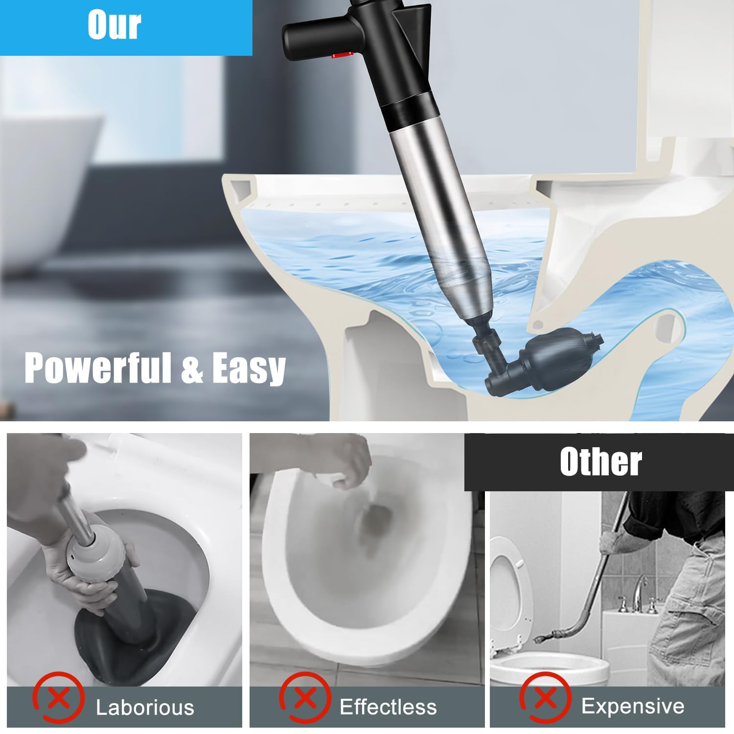 Desatascador de inodoro de alta presión rápida con barómetro, herramienta de desatasco y desatascador de drenaje de aire resistente para baño, inodoros, fregaderos, bañeras, tuberías, kit de