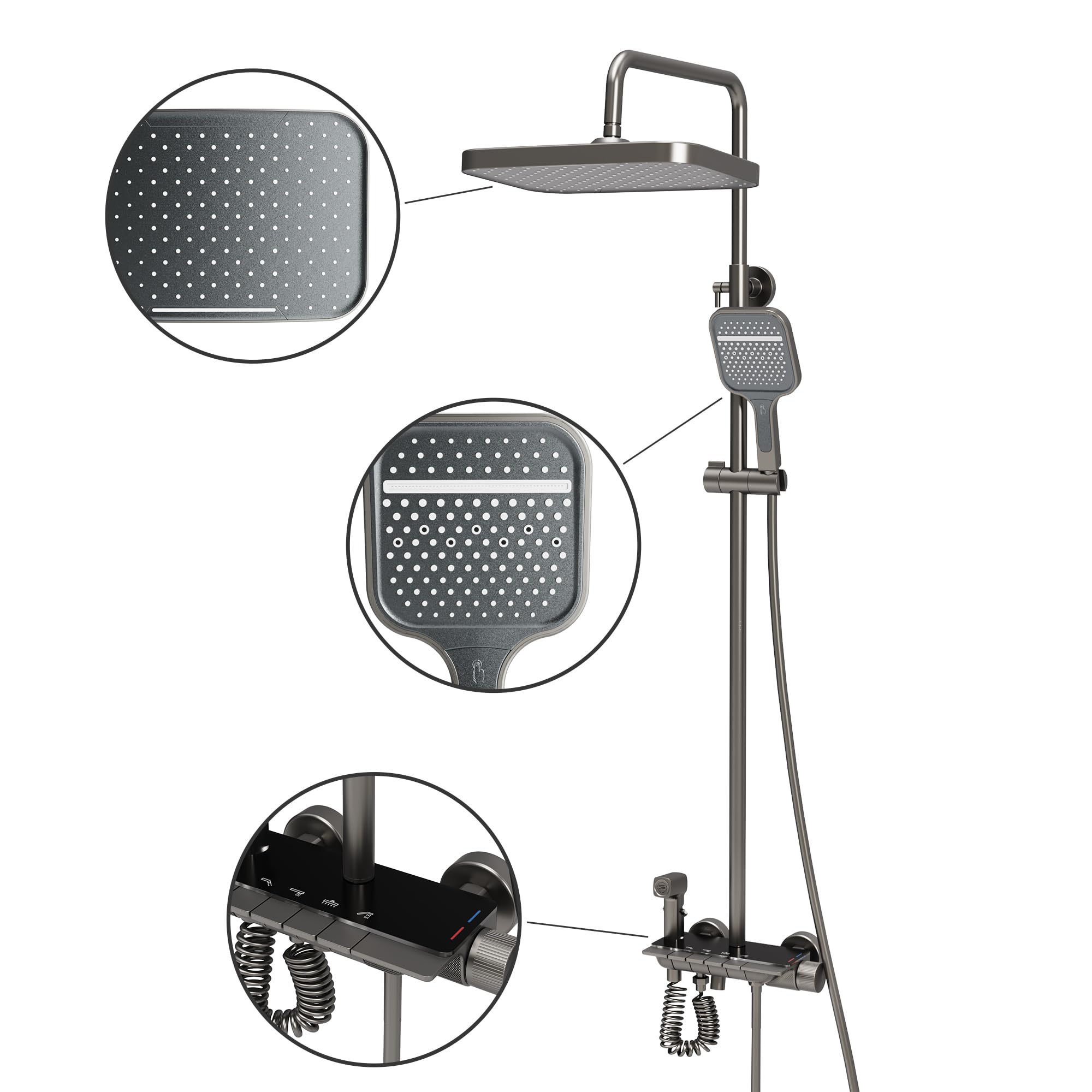 VANCOCO Grau Thermostat Duschsystem Komplettset Messing | Regendusche, Handbrause, Bidetsprayer und unterer Wasserauslass, wassersparende Duscharmatur