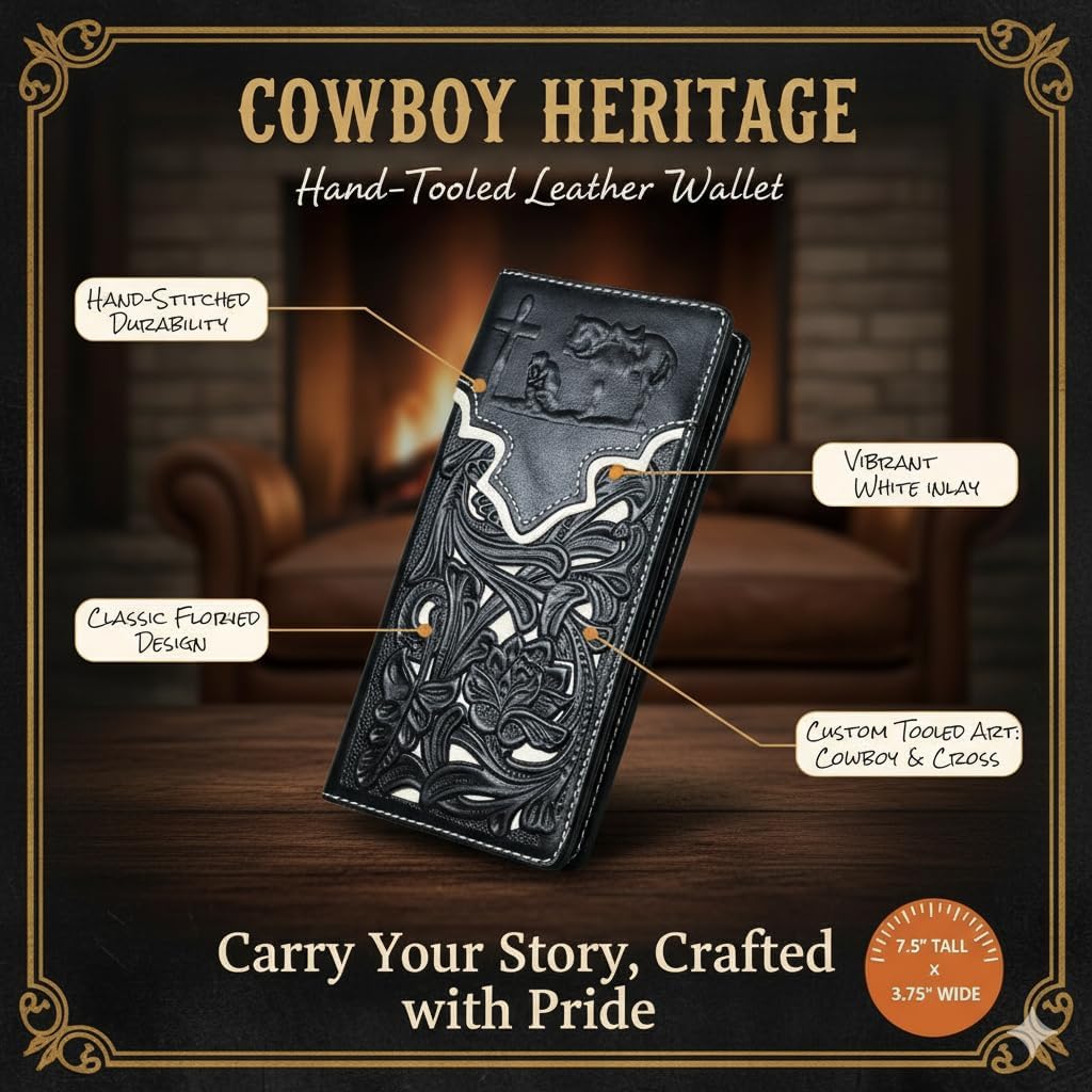 Men’s Long Leather Wallet – Embossed Cowboy Praying at Cross with Laser Cut Floral Design – Christian Western Rodeo Bifold Wallet for Ranchers, Cowboys & Faith Gifts