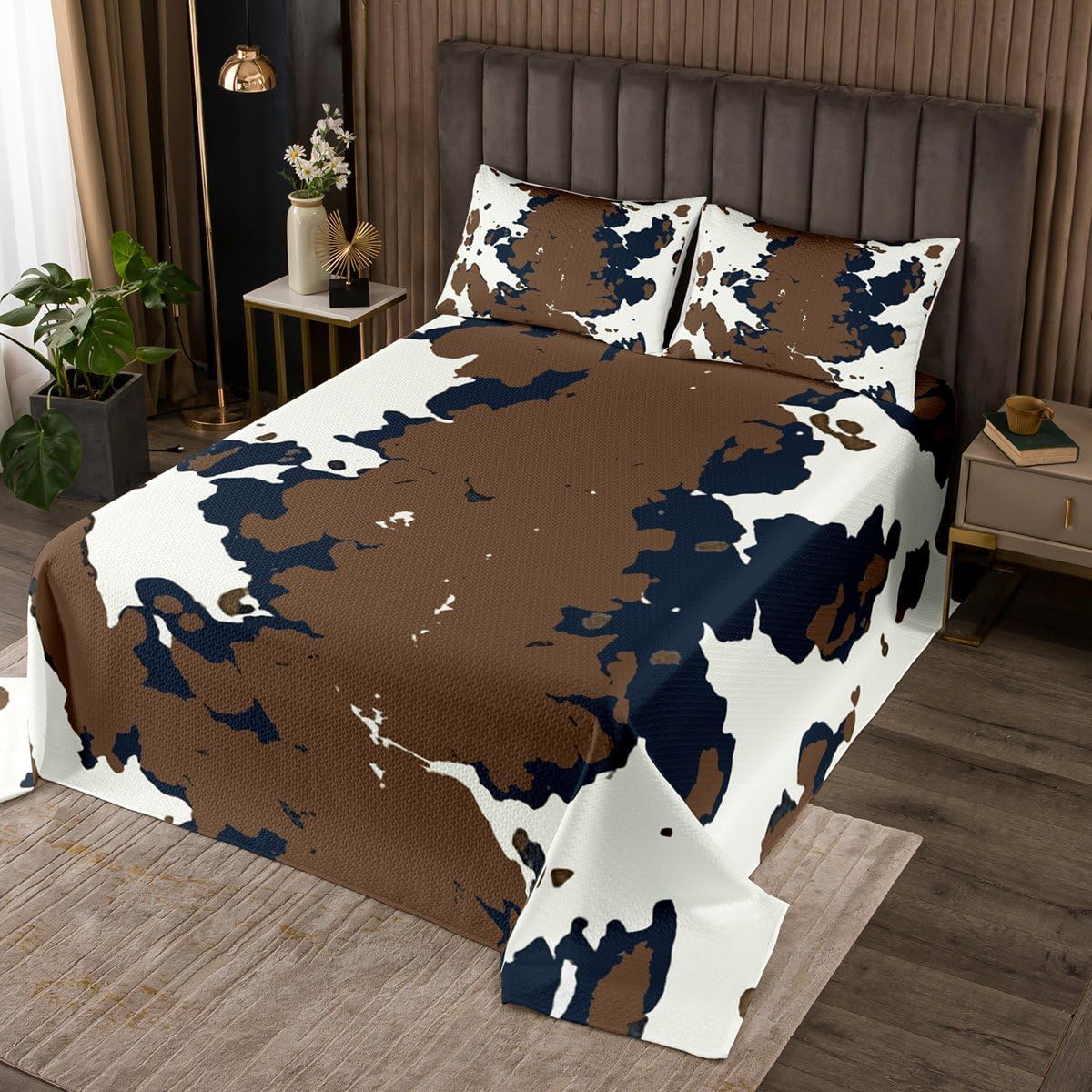 Erosebridal Cowhide Coverlet Set King Size Cow Print Bedspread for Kids Girls Boys Western Farm Rustic Fur Highland Skin Quilted Coverlet Beige Blue Soft Luxury Quilted