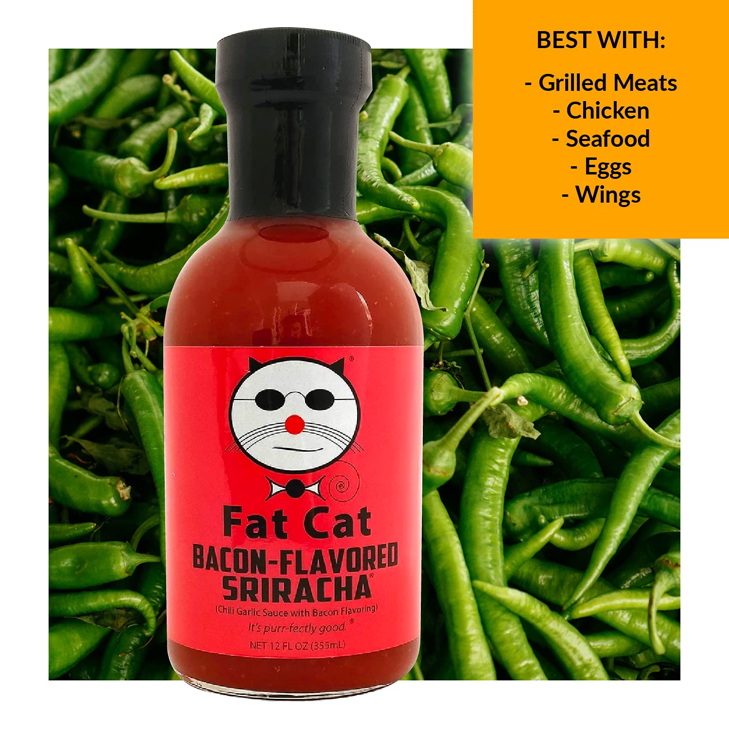 Bacon-Flavored Sriracha Chili Garlic Sauce with Bacon Flavoring by Fat Cat Gourmet | Smoky, Sweet, Savory | Preservative Free | For Fries, Burgers, Pizza, Bloody Mary | Medium Heat | Gluten Free, Vegan & Keto Friendly | 3 Bottles