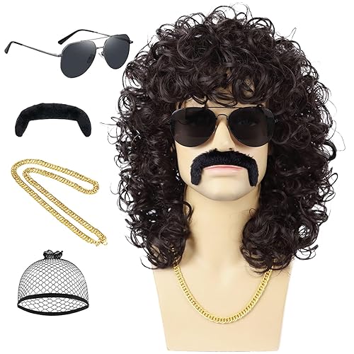 Peluca negra de los años 70 y 80 para hombre, gafas, cadena dorada, bigote, gorra de peluca, pelucas divertidas sintéticas largas y rizadas para