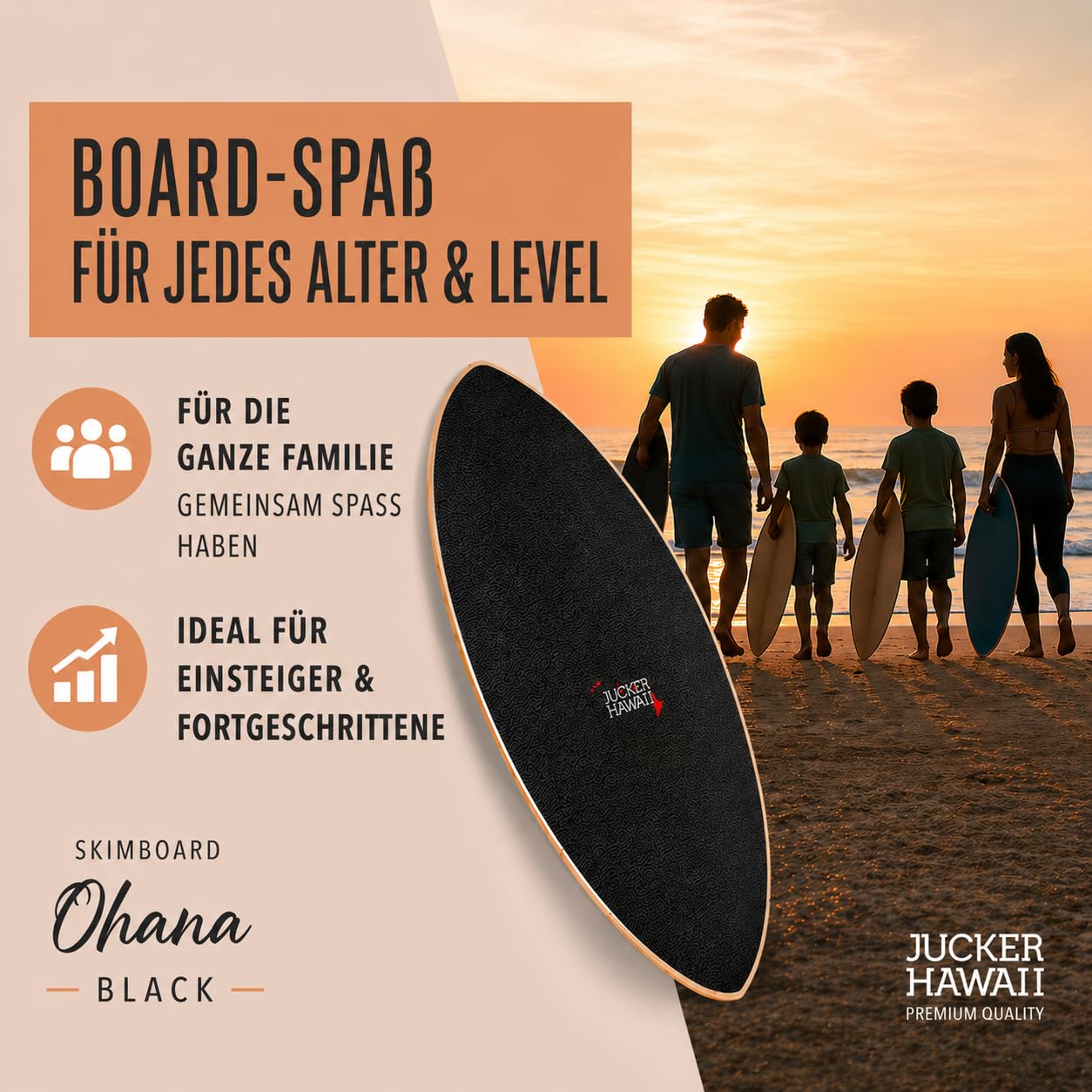 JUCKER HAWAII Skimboard Ohana Black | Skimboard mit vollflächigem Anti-Rutsch-Belag für optimalen Halt | Premium Skimboard für Anfänger und Profis | Perfekt für Strandabenteuer und Tricks