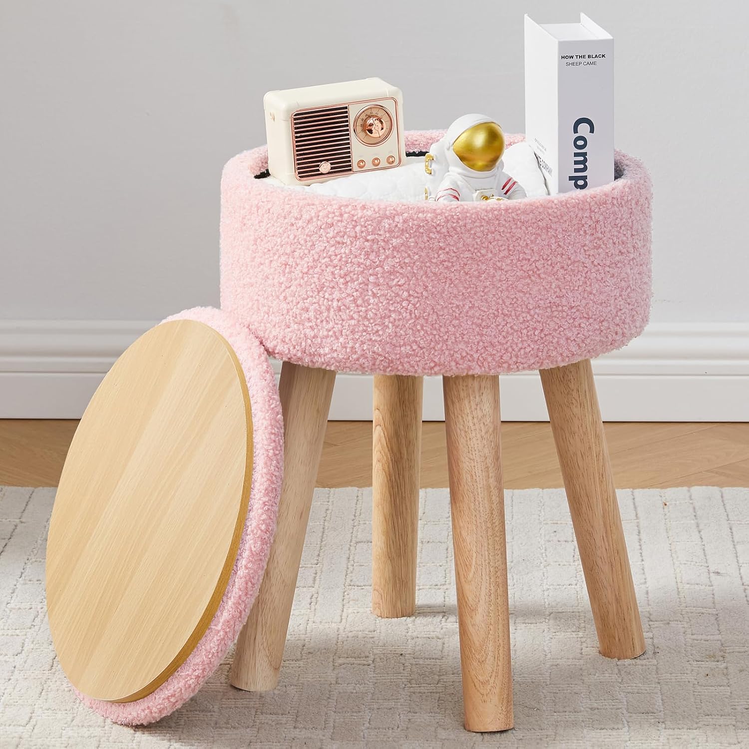 BRIAN & DANY Vanity Stool, Sherpa Vanity Stool Chair with Storage, Round Makeup Chair Soft Padded Seat with Legs for Bedroom (Pink) Round-pink-teddy