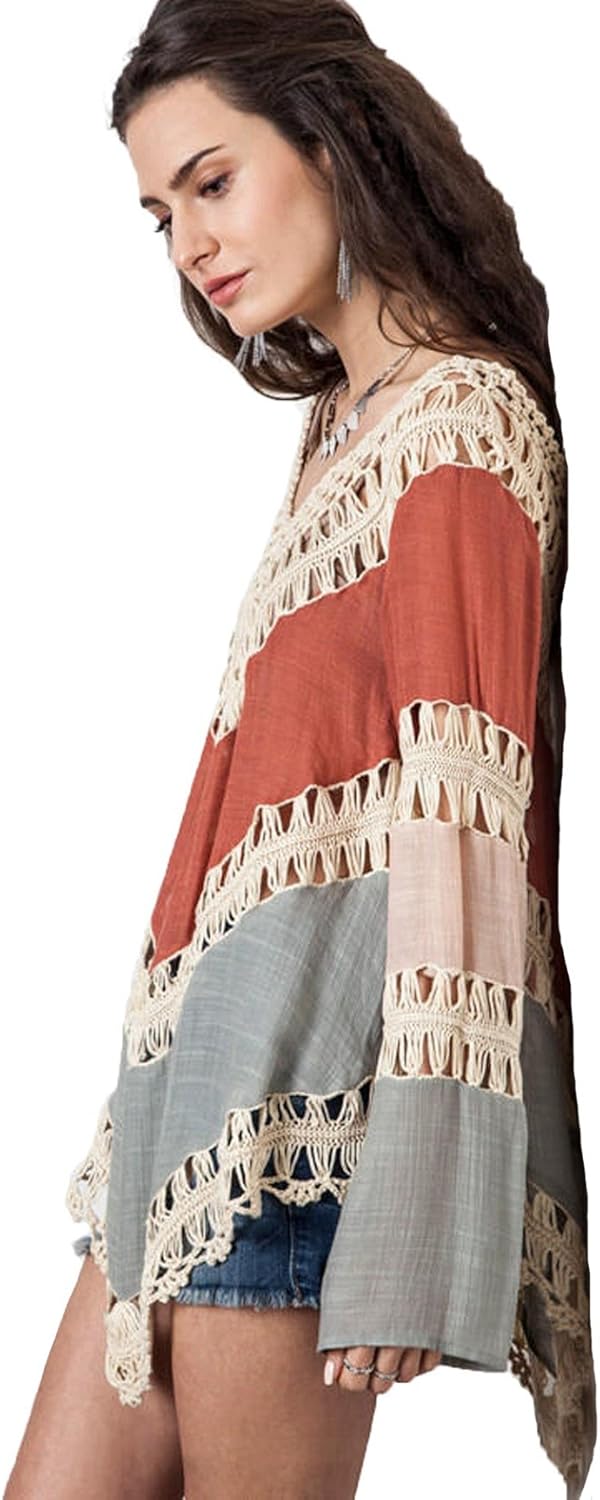 Women’s Boho V Neck Crochet Tunic Tops Blouse Shirt Hollow Out Beach Swimsuit Cover up - Image 4