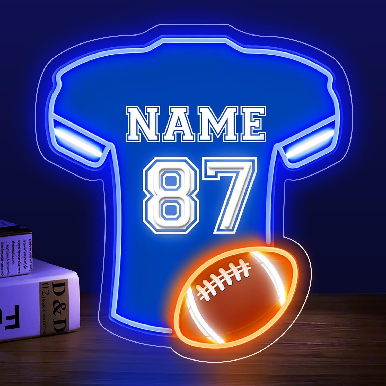 Custom Football Jersey Neon Signs for Wall Decor Personalized Name Number Football LED Light Up Sign for Boys' Bedroom Bar Man Cave Decor, Dimmable