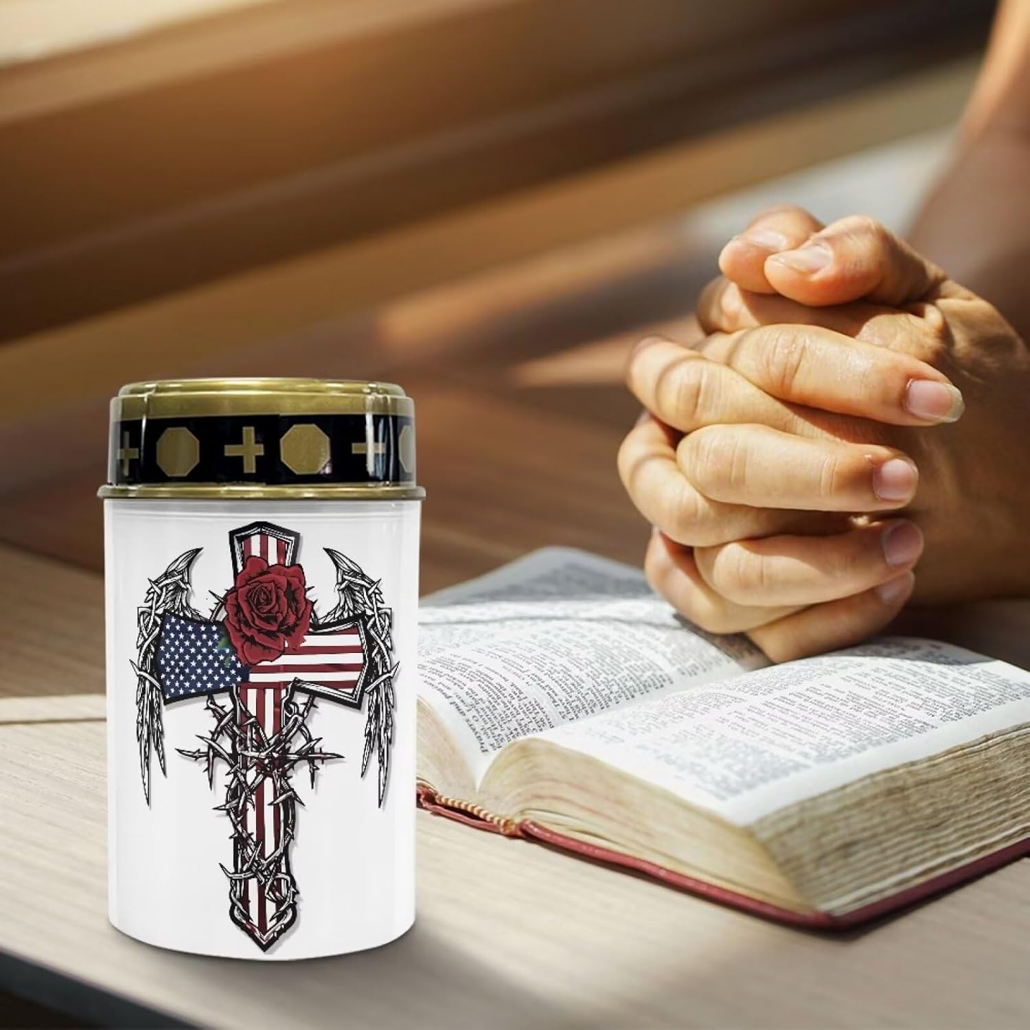 Poceacles Cross Solar Lights Outdoor Waterproof LED Flameless Candle Cemetery Solar Decorative Lights Walkway Lights Landscape Lighting for Outdoor Decor, Rose American Flag Wings Cross, Pack of 4