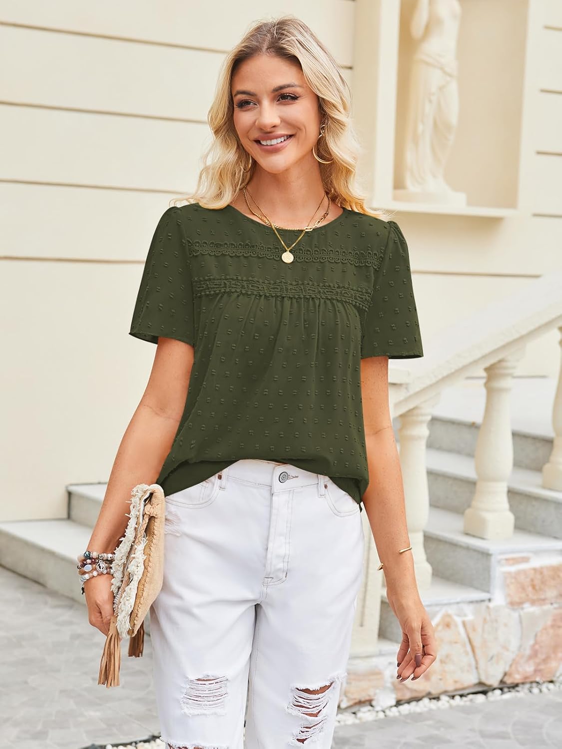 Poetsky Womens Summer Boho Tops Crewneck Short Sleeve Babydoll Shirts Casual Chiffon Work Blouses - Image 7