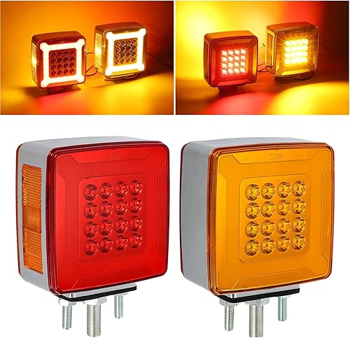 Partsam Par de doble cara cuadrada pedestal guardabarros luces intermitentes Halo Glow Triple Stud, ámbar  rojo cuadrado 47 LED marcador de parada