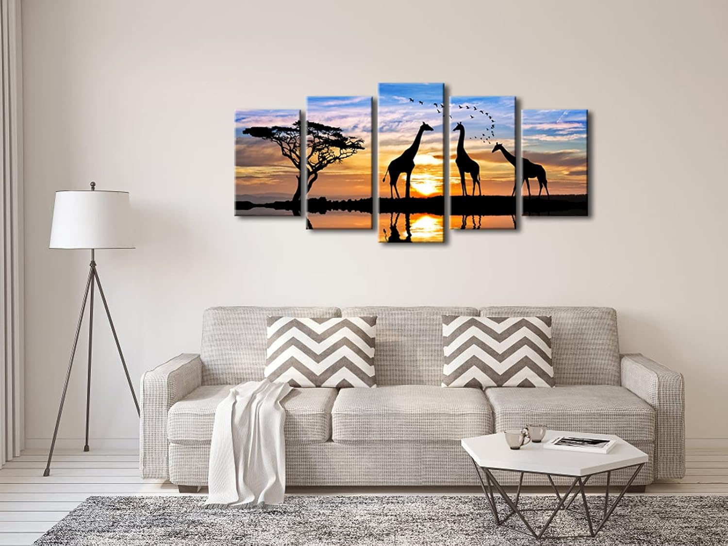Pyradecor 5 Piece Modern Stretched African Landscape Canvas Prints Animals Sunset Artwork Pictures Paintings on Canvas Wall Art for Living Room Bedroom Kitchen Home Decorations