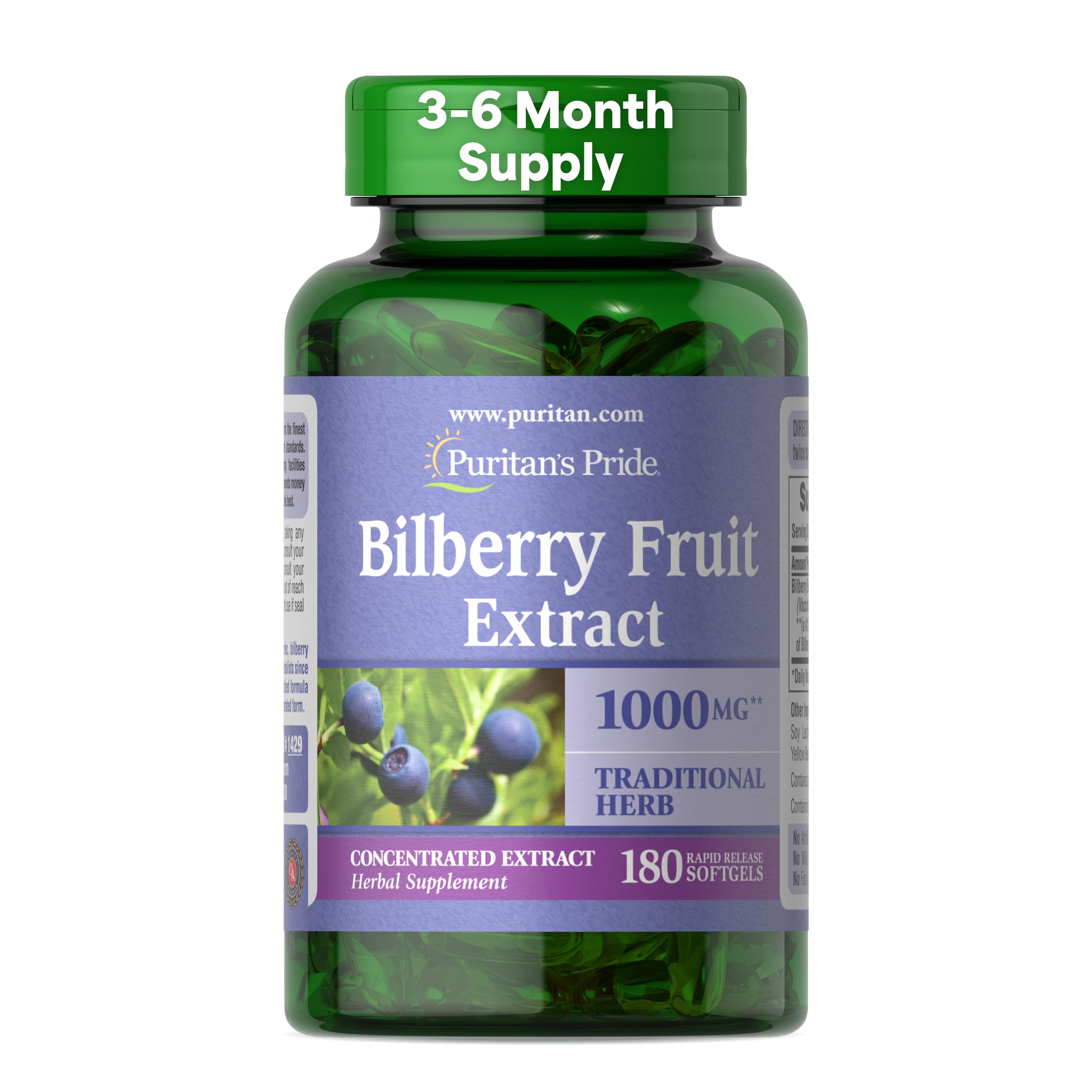 Puritan's Pride Premium Bilberry Fruit Extract 250 mg (1000mg Equivalent), 4:1 Concentrated Herbal Supplement, Vitamin C, 3 to 6 Month Supply, 180 Rapid Release Softgels(Packaging May Vary)