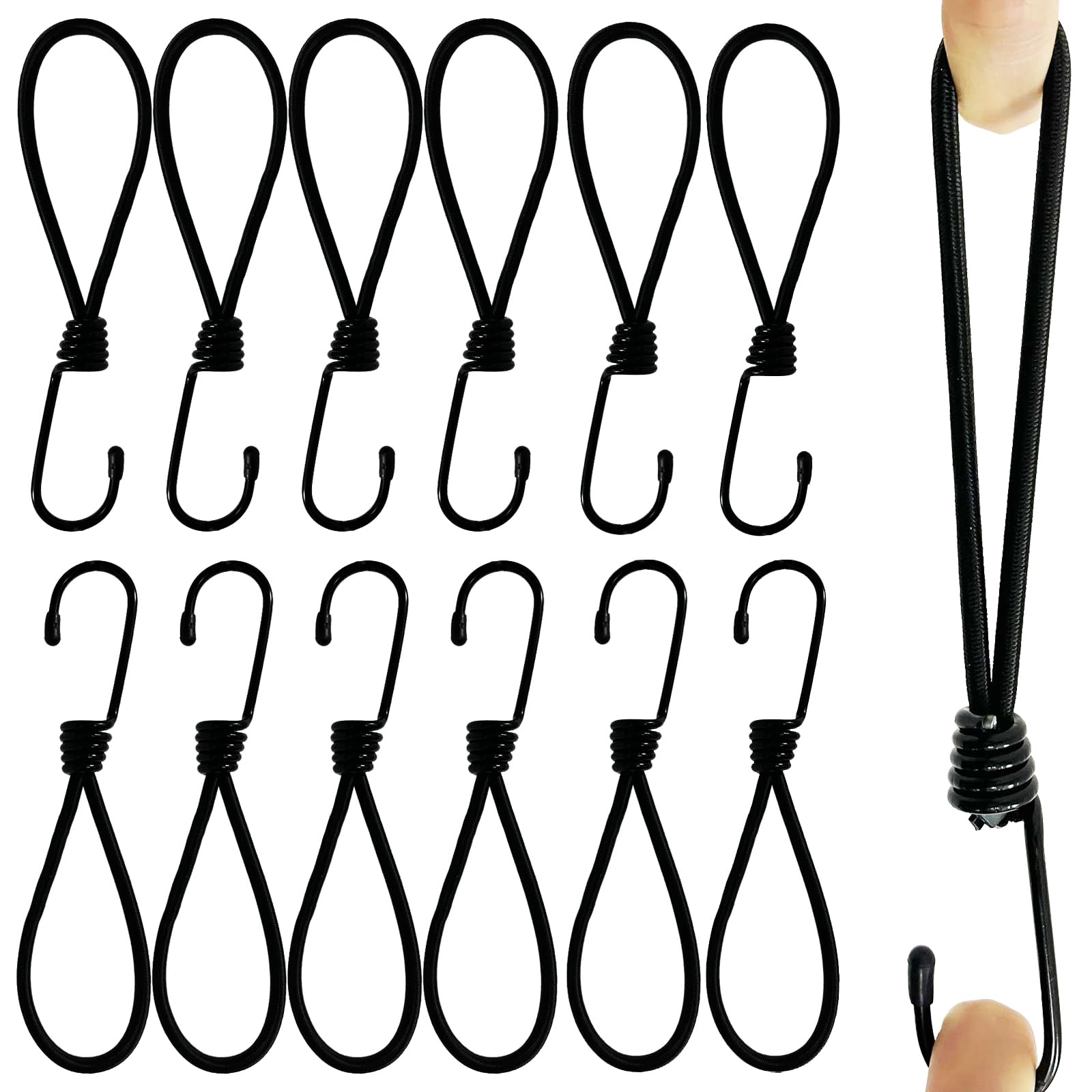 12 Pack Durable 6MM Bungee Cords with Strong Metal Hooks, Heavy Duty 6Inch Outdoor Cord Straps and Fixings - for attaching Canopy Camping Tent Side Curtains.Garage Organizer or Tie Down for Travel