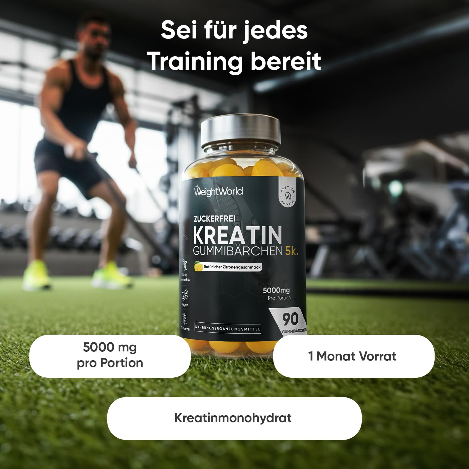 Creatin Monohydrat Gummibärchen - 5000 mg Kreatine pro Portion - 90 Gummibärchen Ohne Zucker - Leckere Kreatin Gummies mit Zitronengeschmack - Ohne Gentechnik - Vegane Gummies - WeightWorld