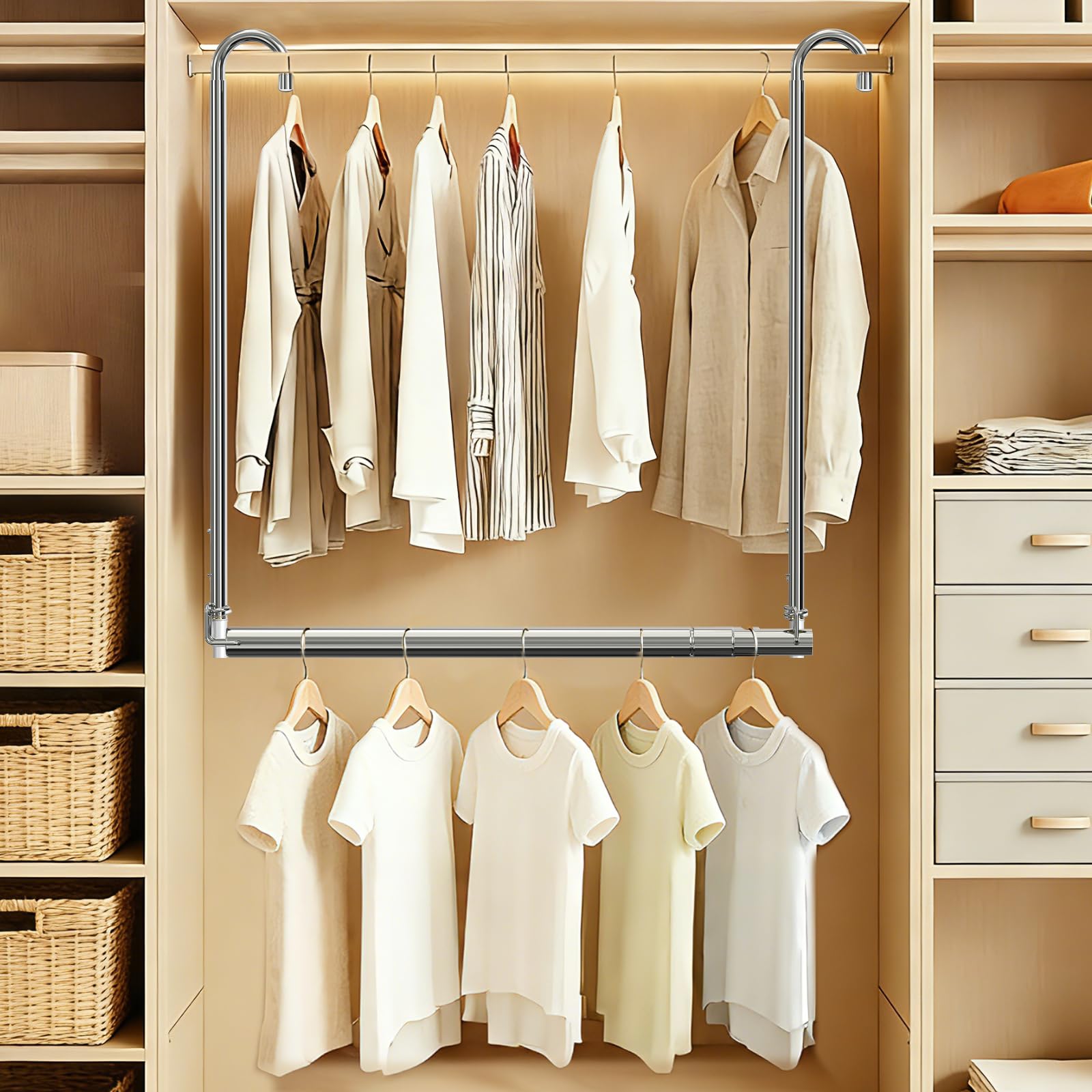 Hanging Closet Rod, Adjustable Height & Width Closet Rods for Hang ing Clothes-Closet Extender Rod Space-Maximizing Design Suitable for Hanging and Drying Clothes, Silver — view 2