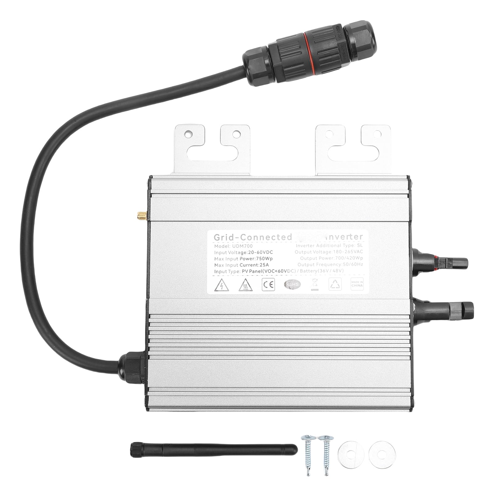 Solar Grid Tie Wechselrichter 700W mit WiFi, DC 20V auf 60V PV Module oder DC 36V/48V Batterie Eingang MPPT Mikro Wechselrichter, AC 180V auf 265V Ausgang IP65 Wasserdicht App Überwachung