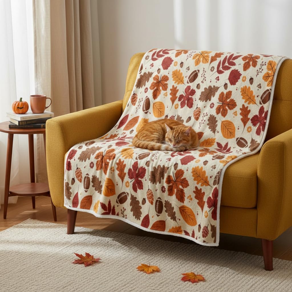 DYNH Fall Sports Throw Blanket, Fall Autumn Brown Football Rugby Game Colorful Maple Leaf Leaves and Pine Cone Throw Blankets,Cozy Soft Fleece Fuzzy Throw Blanket for Bed Couch Sofa Chairs,51X60