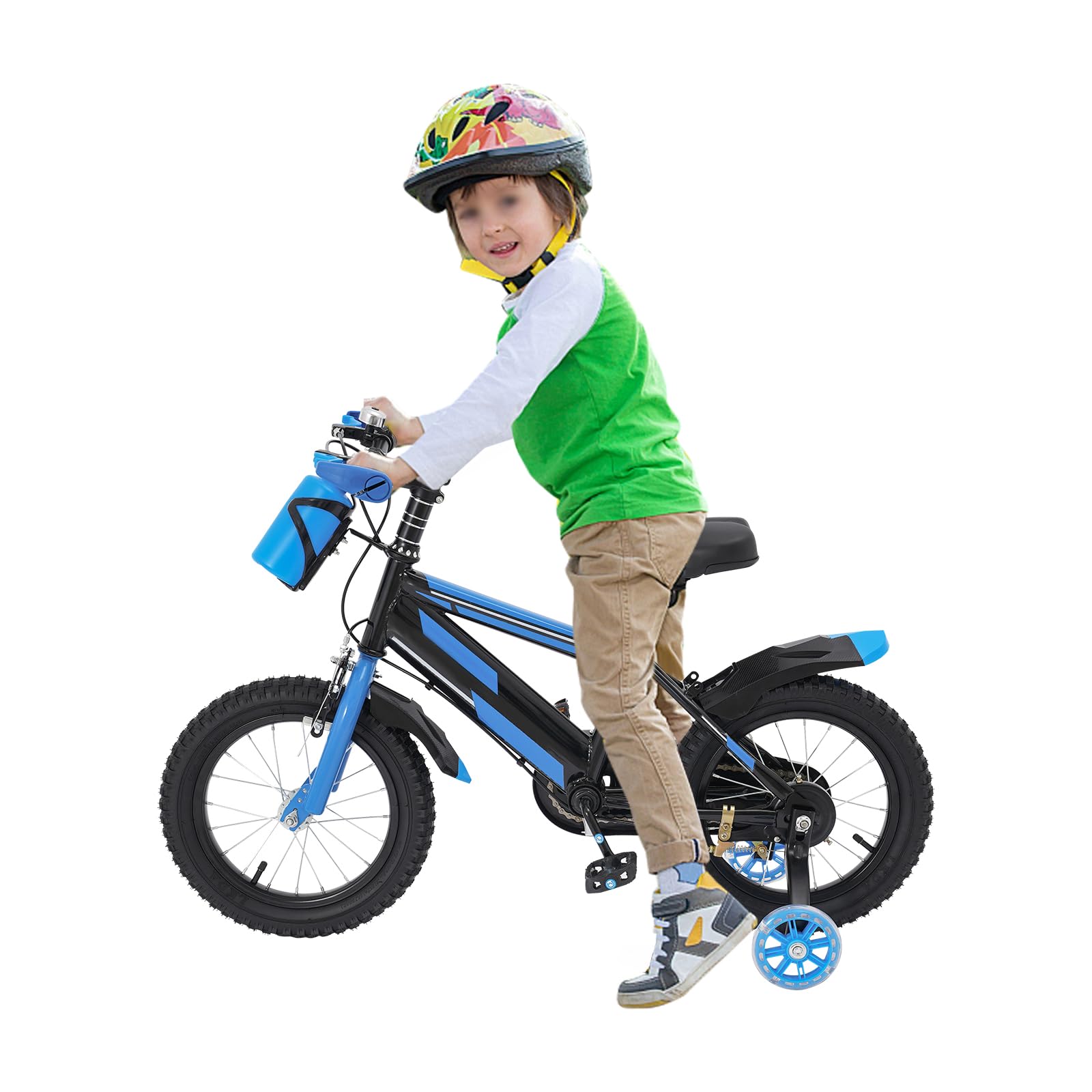 Bicicletta per bambini da 14 pollici, per ragazzi e ragazze dai 3 ai 7 anni, bicicletta con ruote di supporto e bottiglia d'acqua, regolabile in altezza, doppio sistema di frenatura in acciaio al