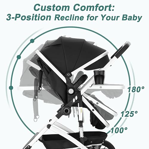 Miniatura 5 de EROMMY Cochecito de bebé 6 en 1 con moisés, cochecito infantil convertible con respaldo y toldo ajustables, cochecito plegable con asiento Negro,Gris