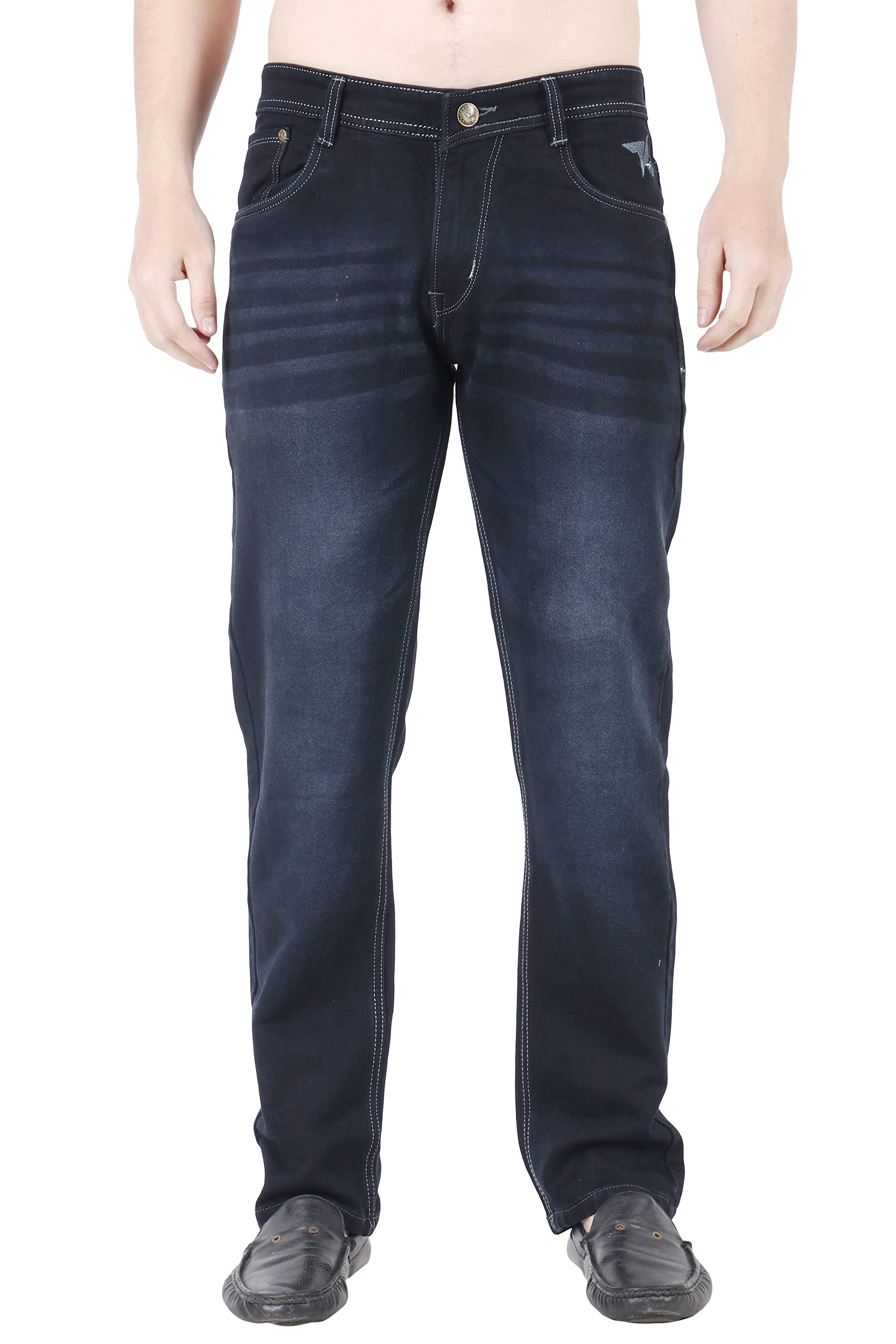Black Mide Rise Stretchable Regular Relaxed Straight Fit Men Denim Jeans-image-48