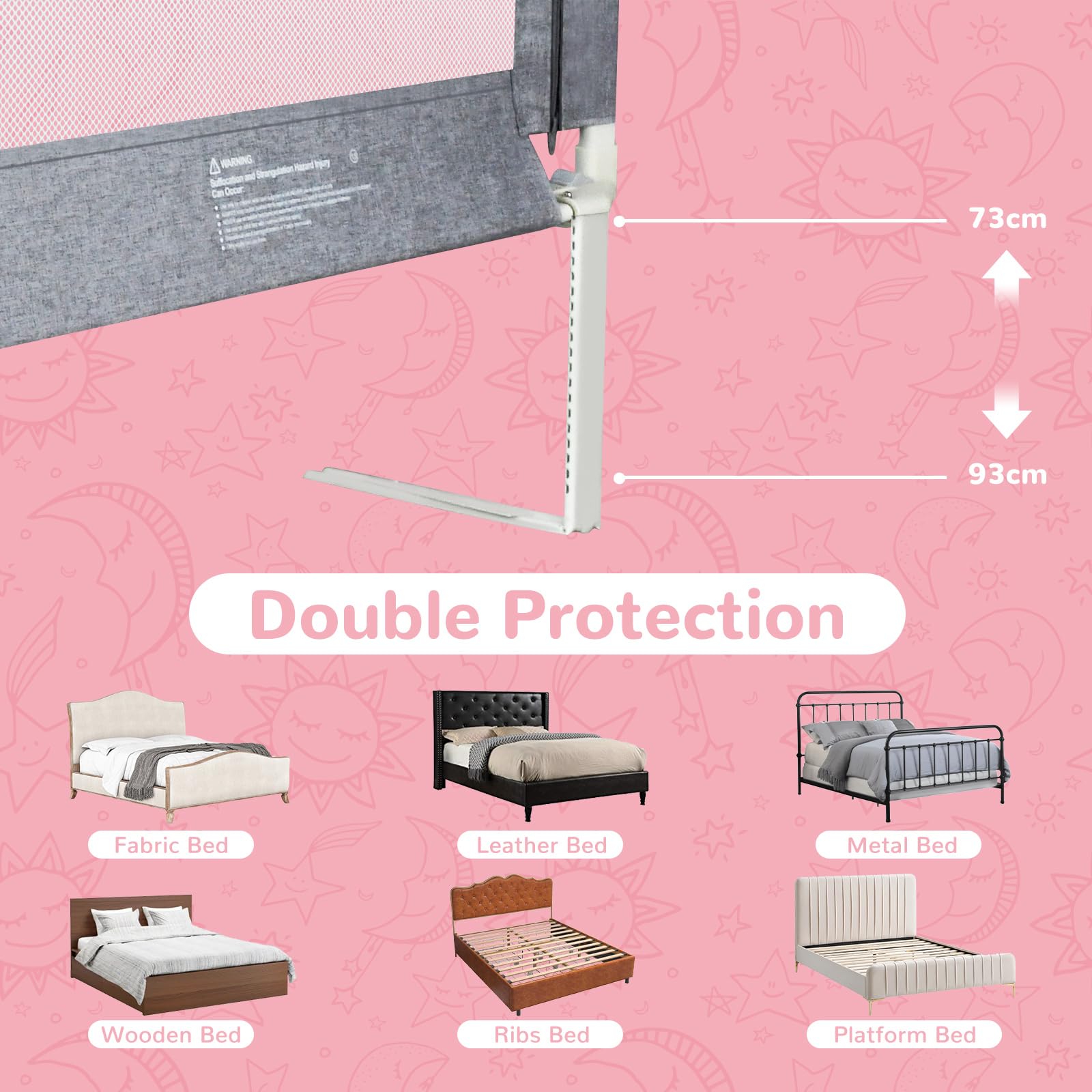 Barrière de lit anti-chute 180 cm Gris Clair avec design abaissable et sac de rangement