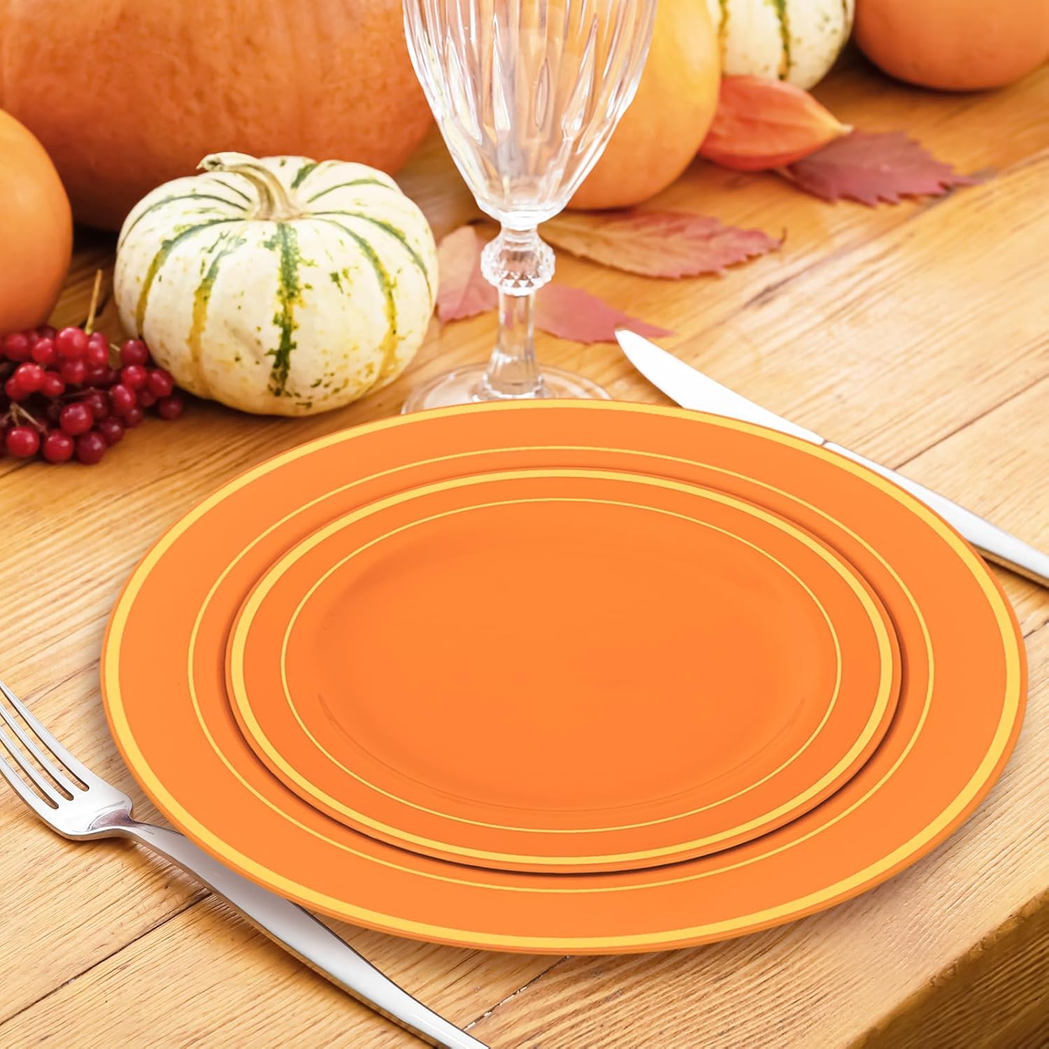 Whaline 50 Pcs Thanksgiving Fall Plastic Plates Orange Gold Foil Bordered Disposable Plates Heavy Duty Decorative Dinner Dessert Plate for Autumn Thanksgiving Tableware Supplies Table Decor