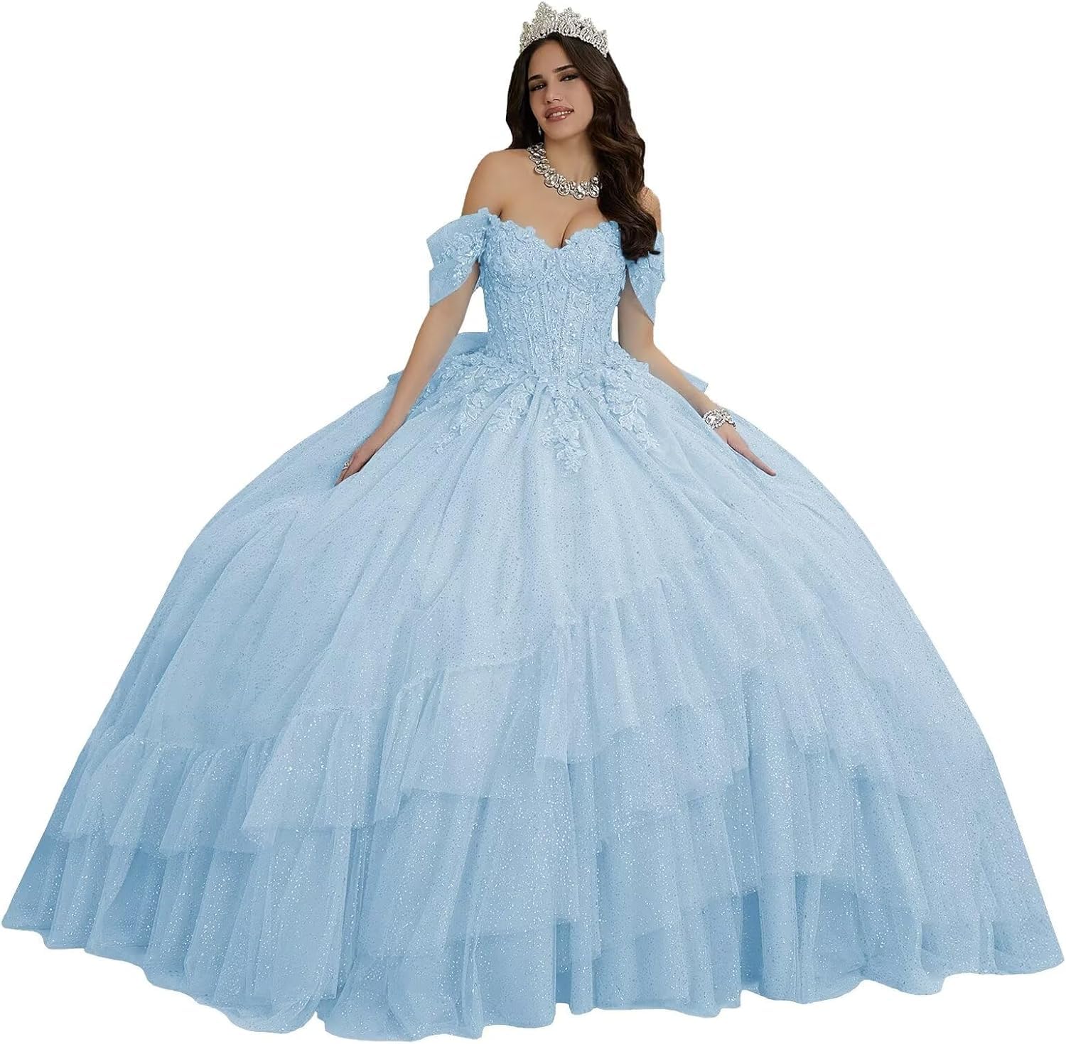 Vestidos de quinceañera con Volantes Hombros Descubiertos Tul Lazo Dulce 16 Cola MT025